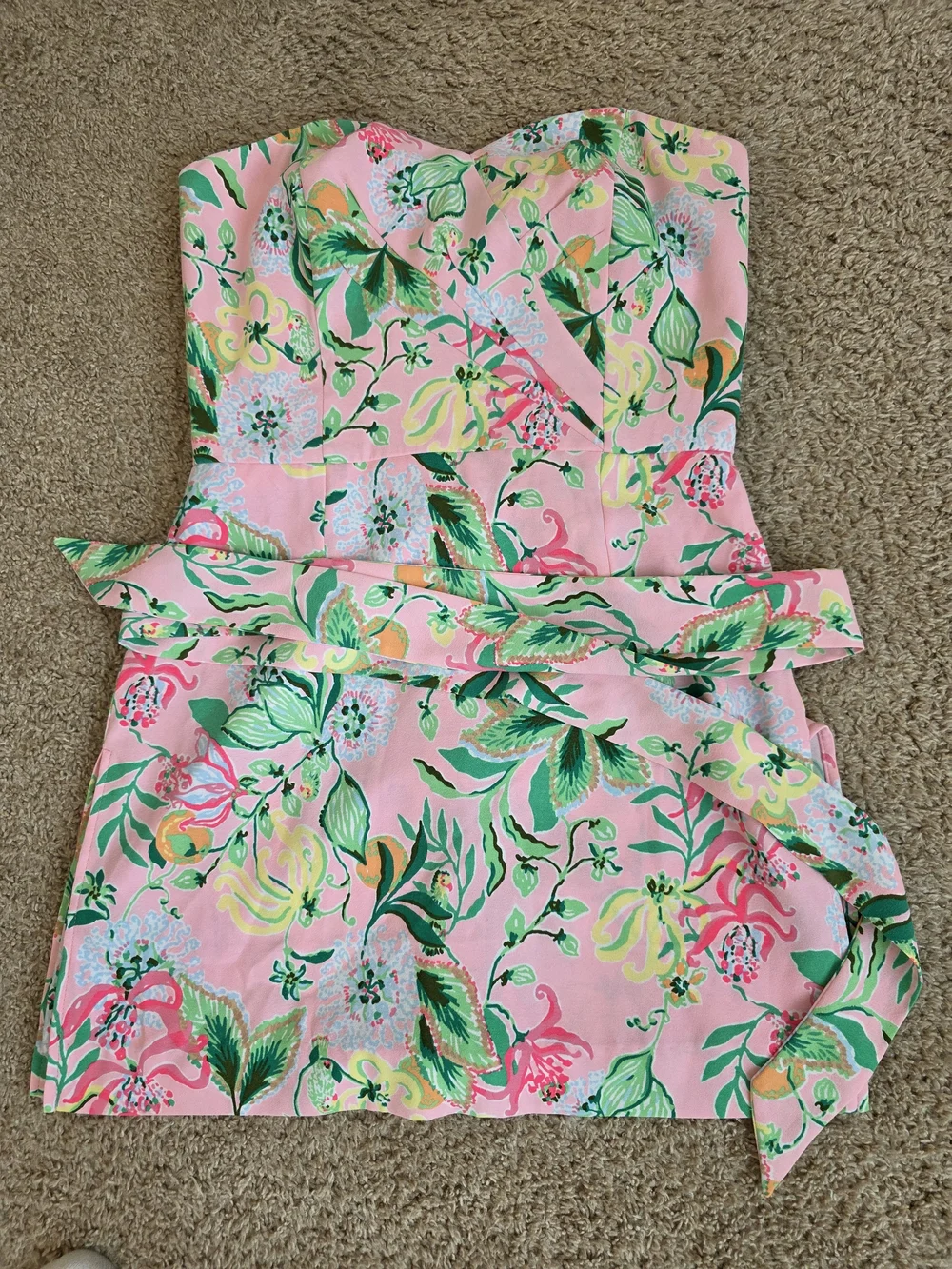 Lilly Pulitzer Pink Floral Strapless Romper with Green Accents - Picture 1 of 8